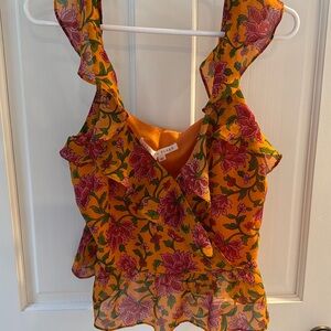 Veronica Beard, hot orange, multi color flower Randa top